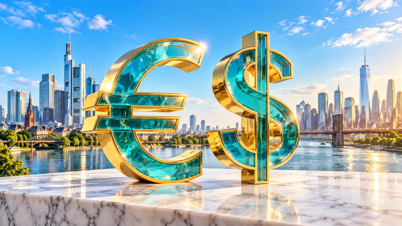 Conceptual editorial illustration of Euro and US Dollar currency symbols set against a sunlit financial skyline.